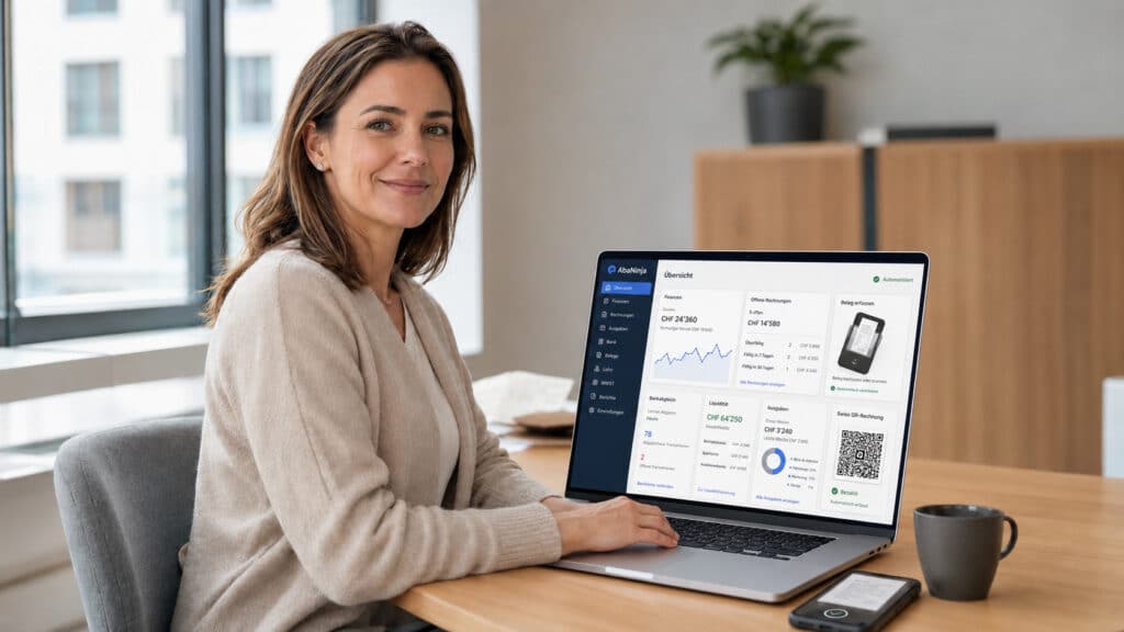 Digitale Buchhaltung am Laptop statt Papierbelege für KMU