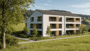 Mehrfamilienhaus im Fricktal, umgeben von grünen Hügeln, unter sanftem Nachmittagslicht