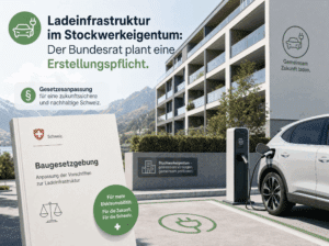 Elektroauto lädt an einer Ladestation in der Tiefgarage eines Mehrfamilienhauses