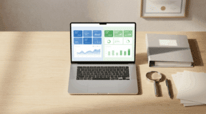 Flatlay eines Büroarbeitsplatzes mit Laptop, Dashboard-Ansicht und Symbolen für fachliche Qualifikation