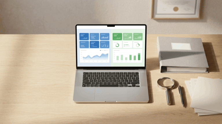 Flatlay eines Büroarbeitsplatzes mit Laptop, Dashboard-Ansicht und Symbolen für fachliche Qualifikation