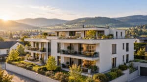 Nutzwert bei Stockwerkeigentum: modernes Schweizer Mehrfamilienhaus mit Attika und Balkonen