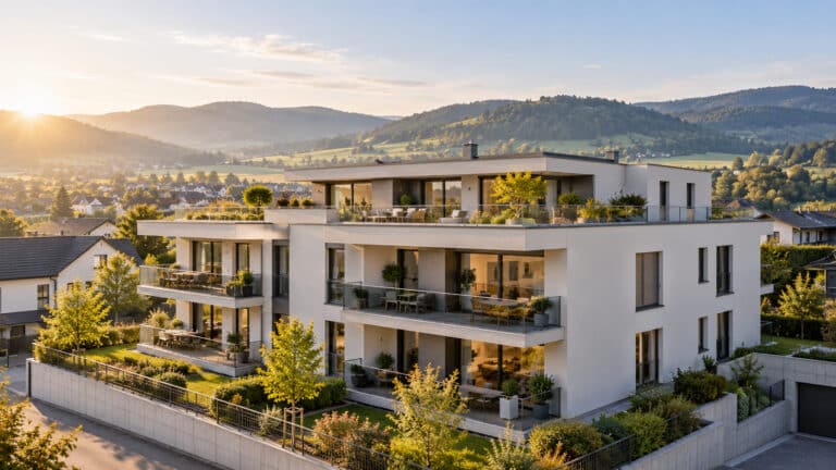 Nutzwert bei Stockwerkeigentum: modernes Schweizer Mehrfamilienhaus mit Attika und Balkonen