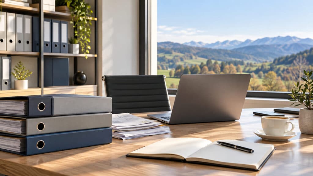 Aufgeräumter Schreibtisch mit Ordner, Taschenrechner und Laptop als Symbol für die Einrichtung einer doppelten Buchhaltung in einem Schweizer KMU