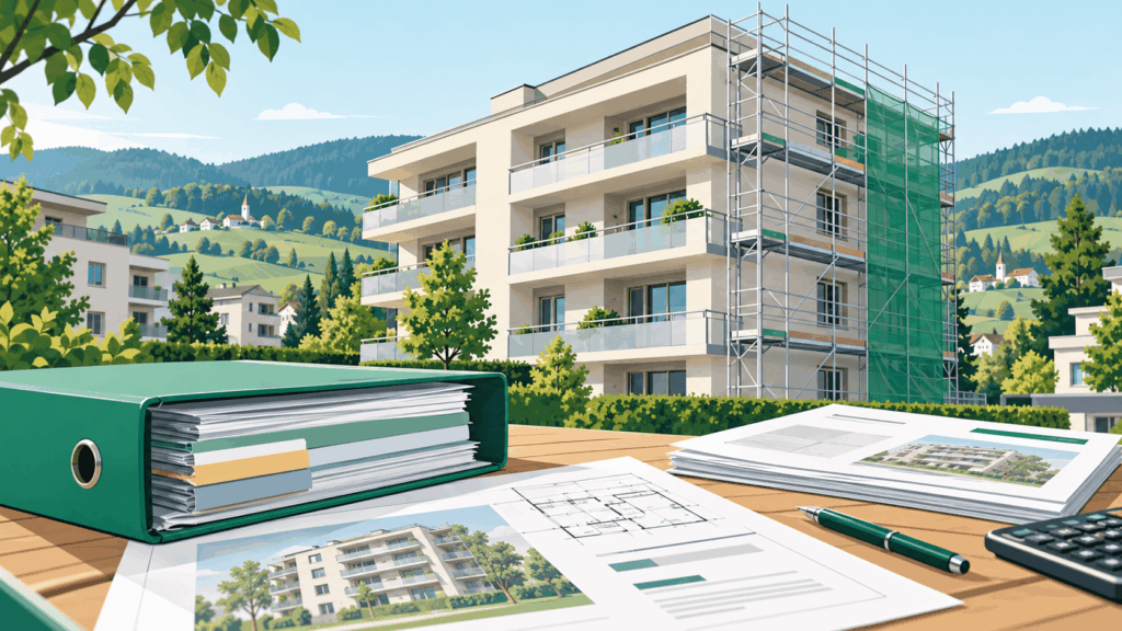 Mehrfamilienhaus im Stockwerkeigentum mit teilweise eingerüsteter Fassade in der Baselbieter Hügellandschaft. Im Vordergrund liegen Sanierungspläne und Offerten auf einem Tisch.