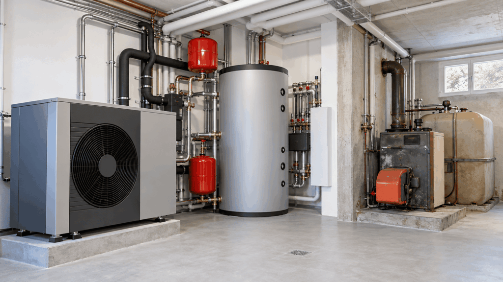 Moderne Wärmepumpe im Heizungsraum eines Schweizer Mehrfamilienhauses beim Heizungsersatz planen